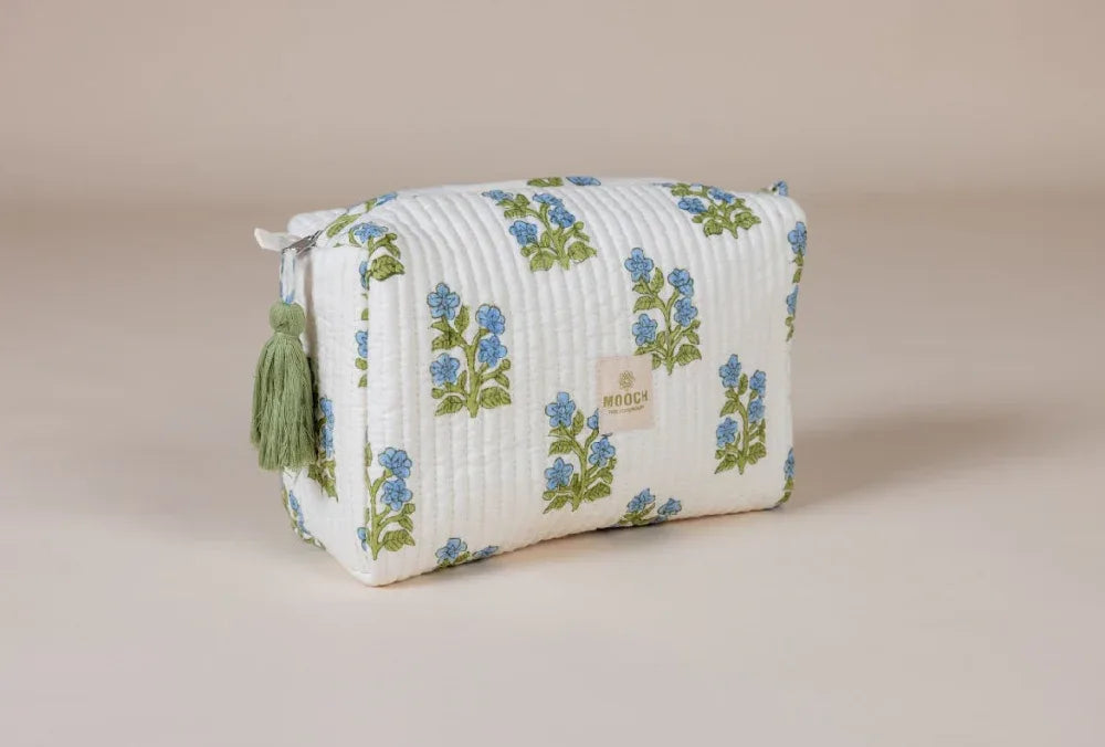 Blue and green floral quilted wash bag in shopify image