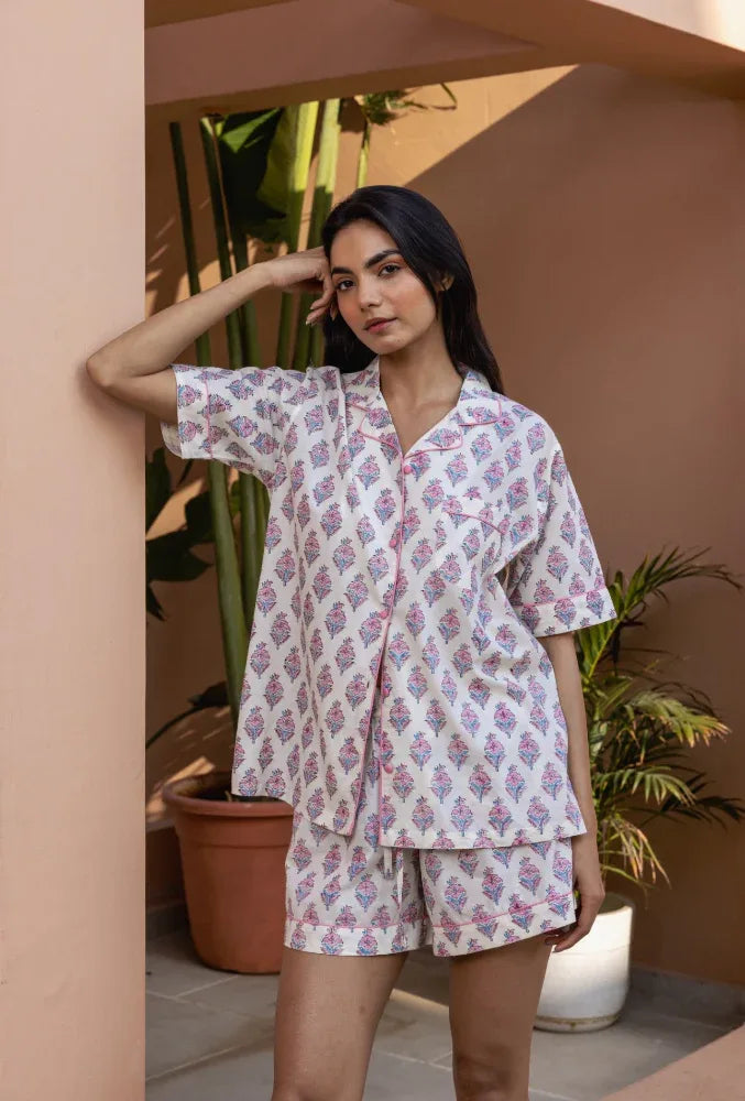 Model Wearing Booti Blush Bloom Pyjamas