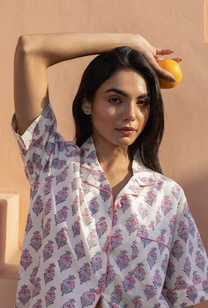 Model Wearing Booti Blush Bloom Pyjama Top