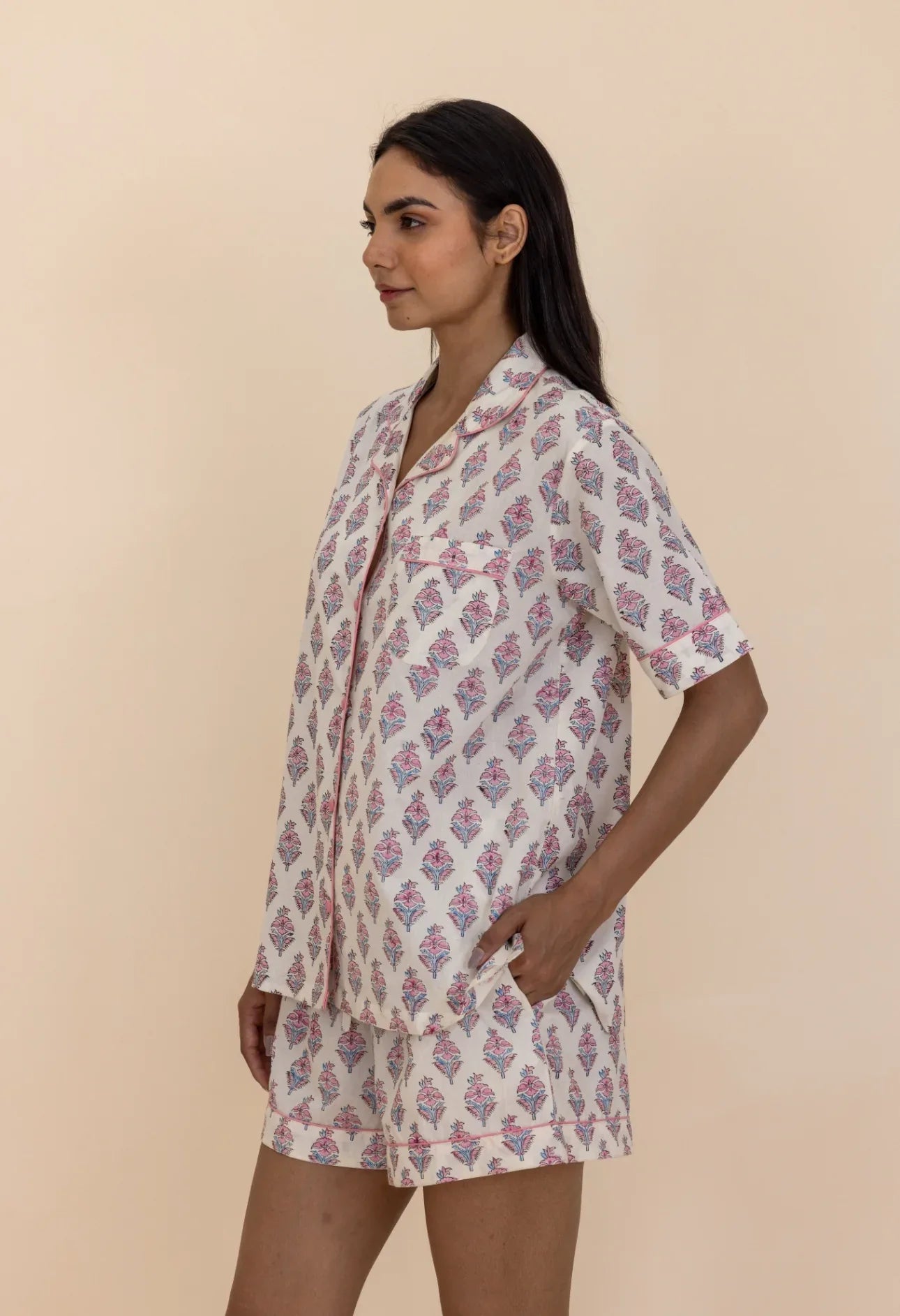 Model stood wearing Booti Blush Bloom Pyjamas