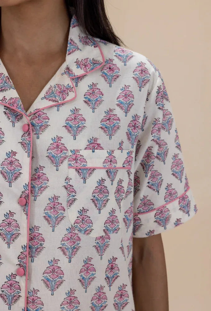 Close-up of model wearing Booti Blush Bloom Pyjama Top