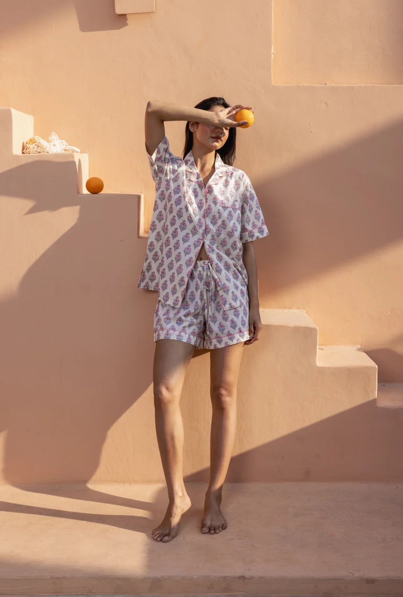 Model wearing Booti Blush Bloom Pyjamas