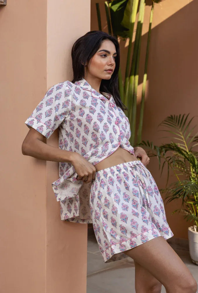 Model wearing Booti Blush Bloom Pyjamas