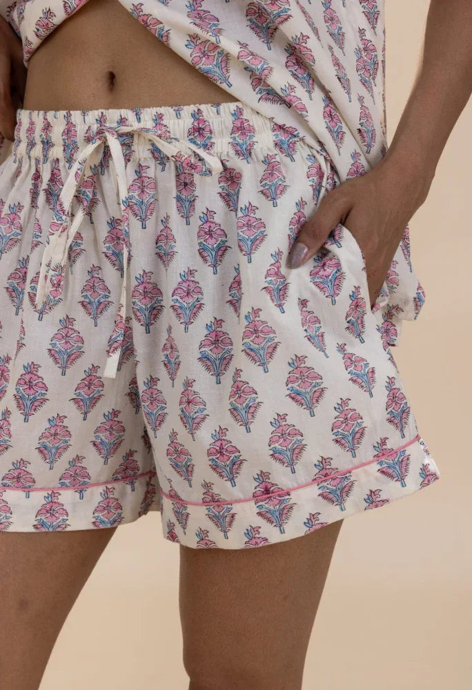 Model wearing Booti Blush Bloom Pyjama Shorts