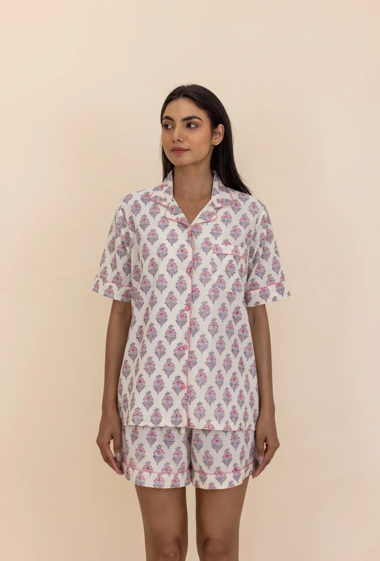Model wearing Booti Blush Bloom Pyjamas
