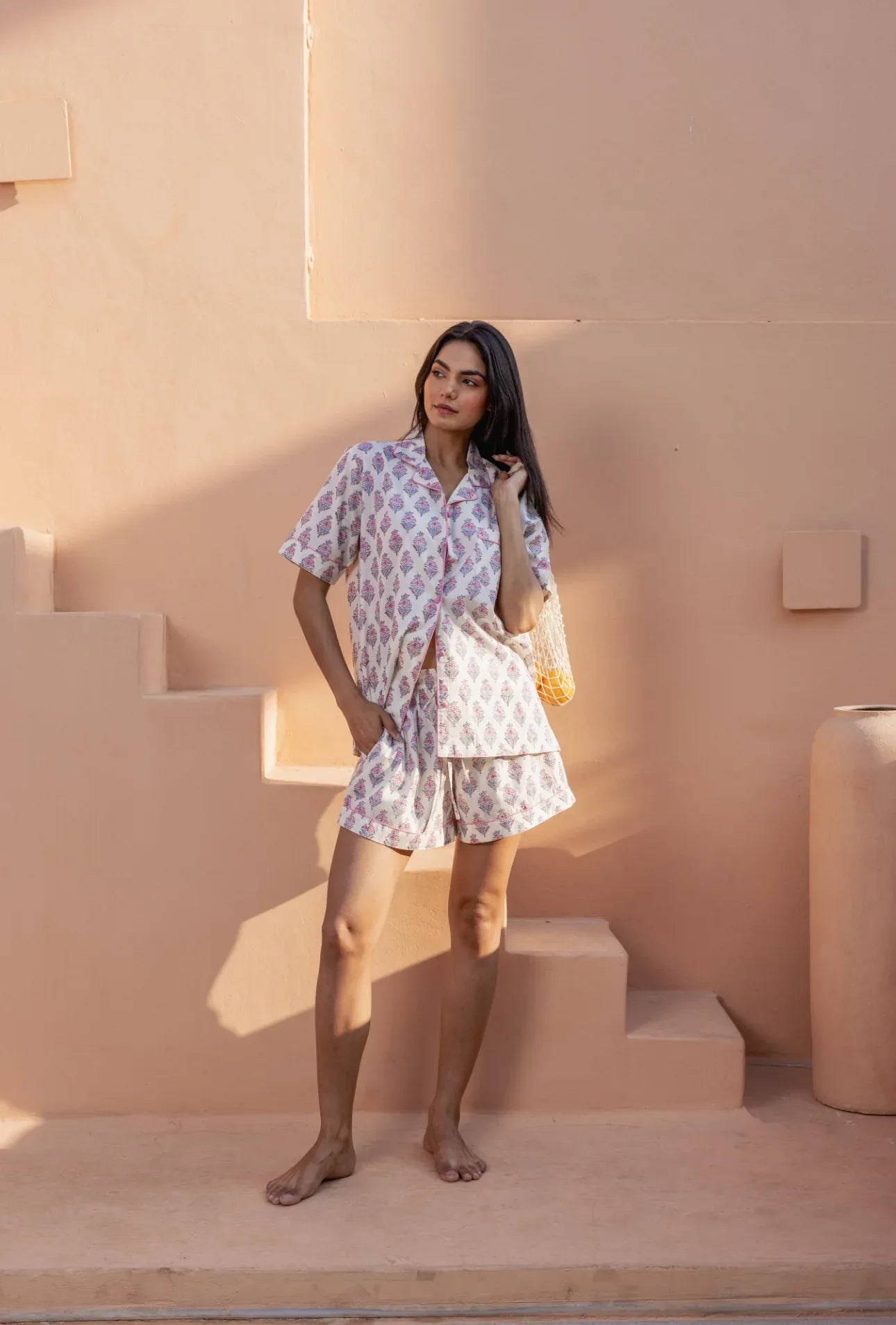 Model wearing Booti Blush Bloom Pyjamas