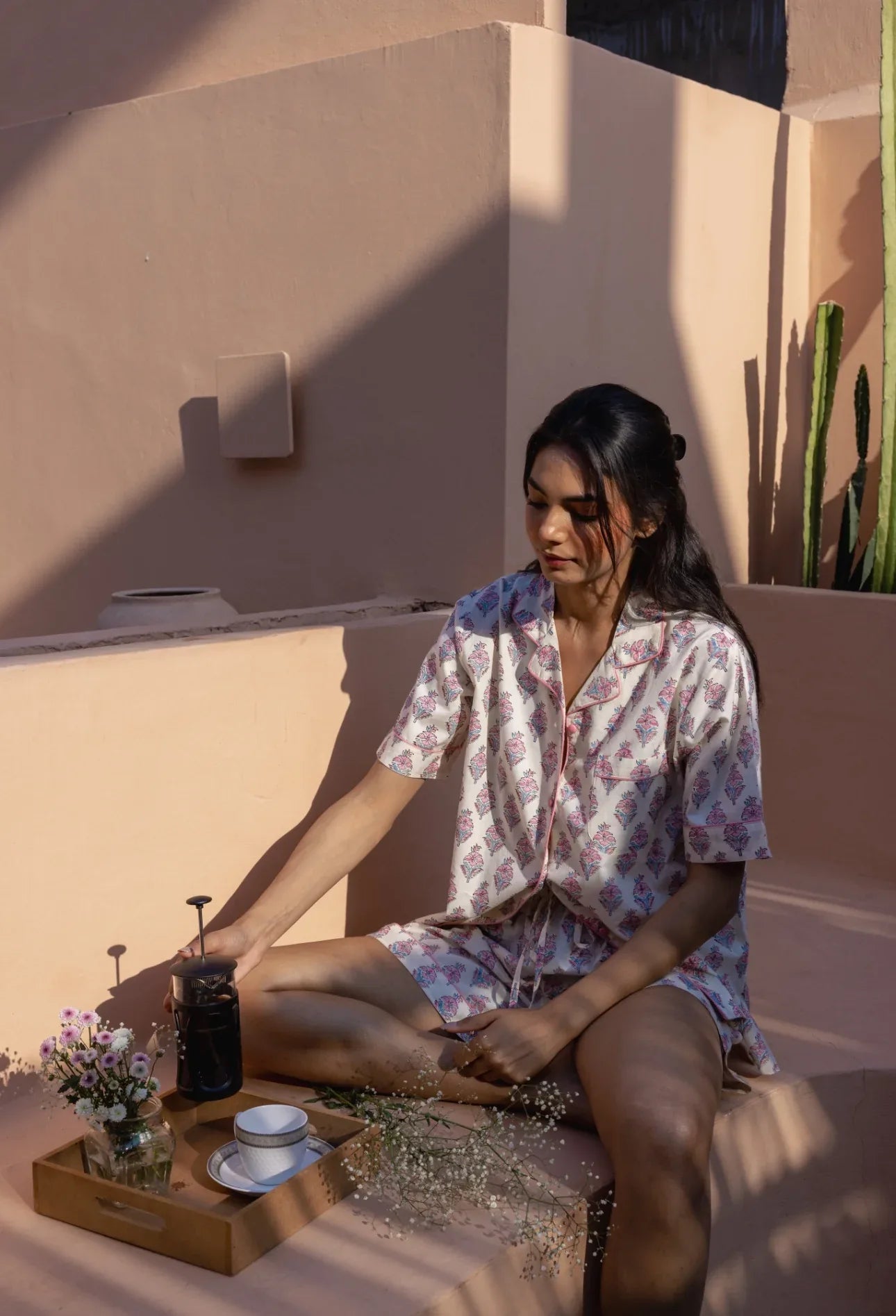 Model wearing Booti Blush Bloom Pyjamas