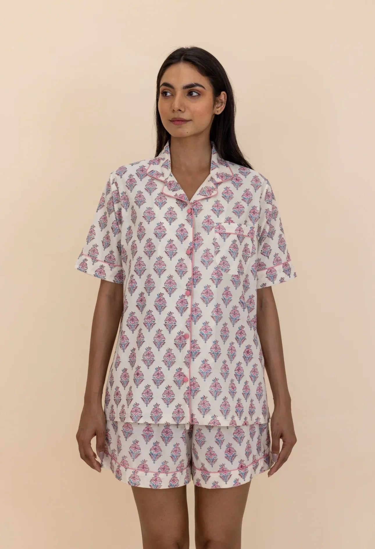 Model wearing Booti Blush Bloom Pyjamas