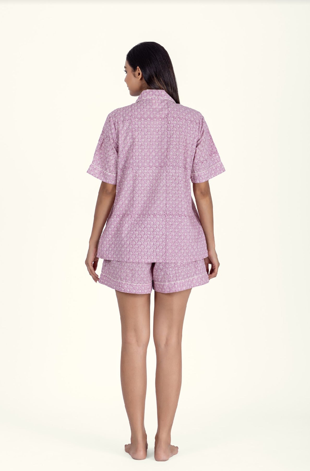 Back of model wearing Booti Lilac Vanilla Cotton Pyjamas
