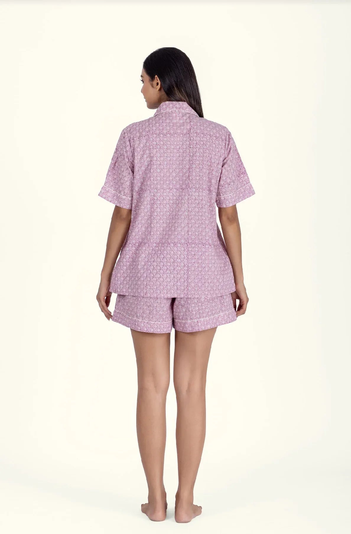 Back of model wearing Booti Lilac Vanilla Cotton Pyjamas