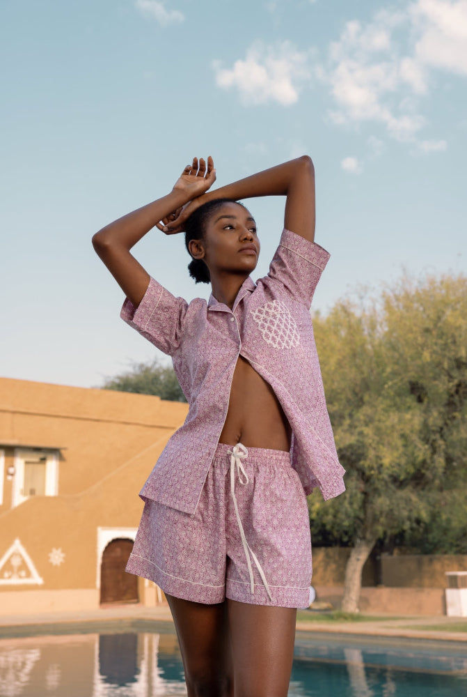 Model posing and wearing Booti Lilac Vanilla Cotton Pyjamas