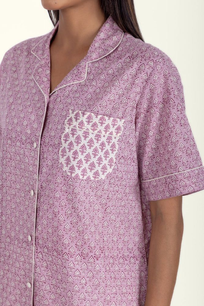 Close-up of Booti Lilac Vanilla Cotton Pyjama Top