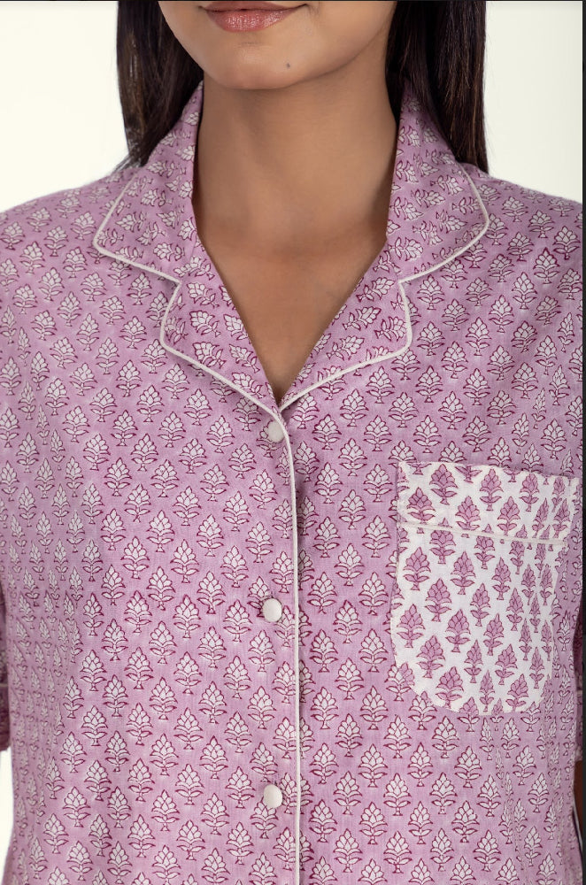 Close-up of Booti Lilac Vanilla Cotton Pyjama Top