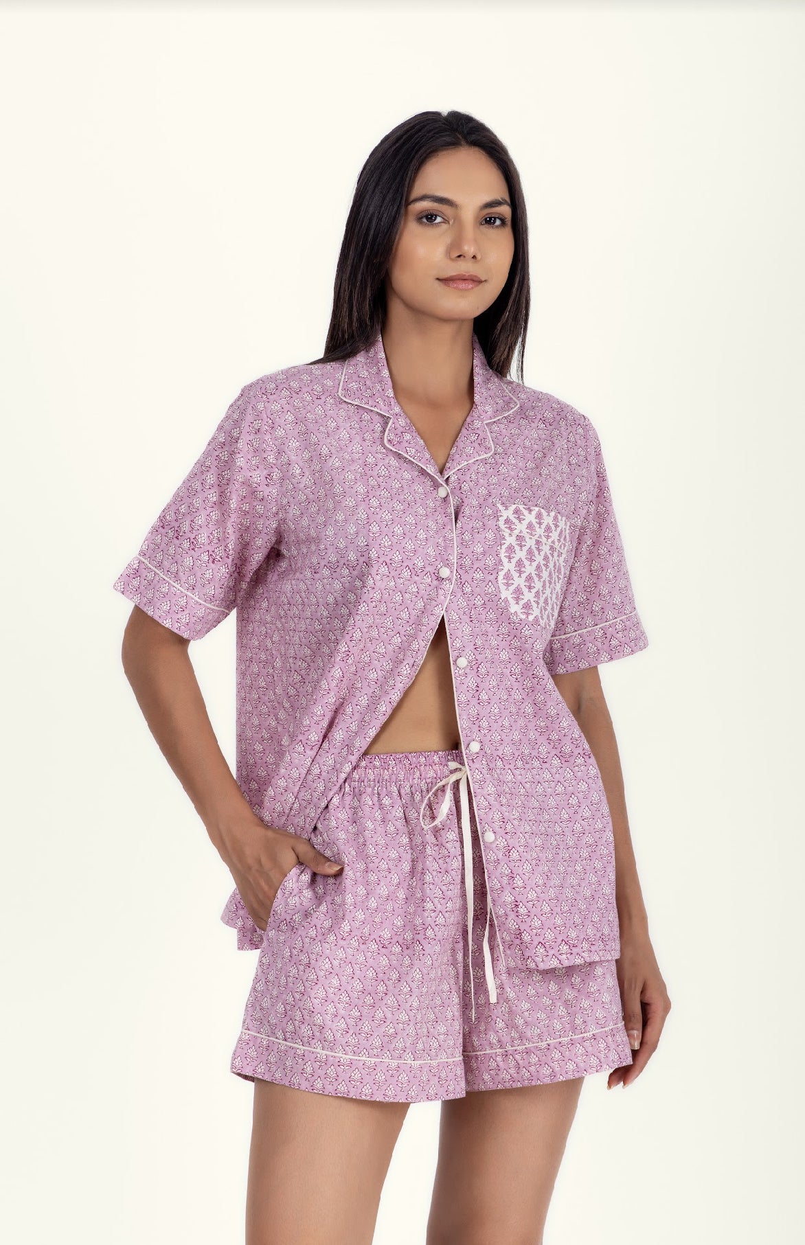Model wearing Booti Lilac Vanilla Cotton Pyjamas