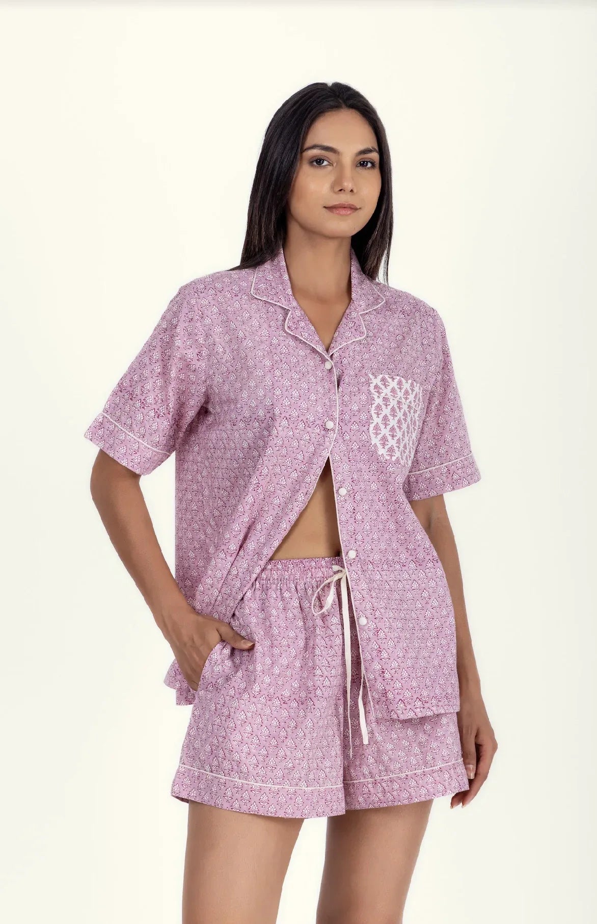 Model wearing Booti Lilac Vanilla Cotton Pyjamas