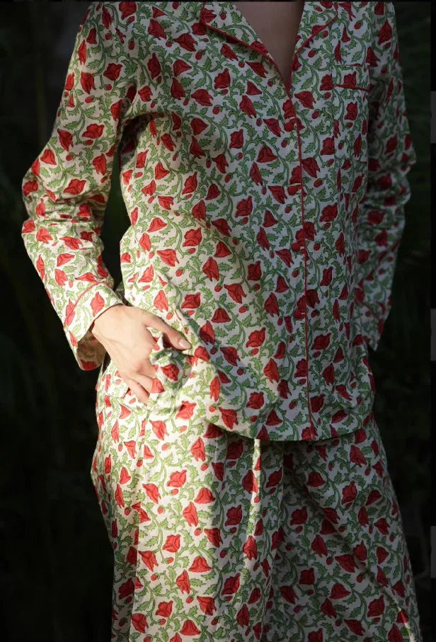 Hand-printed hicks scarlet cotton pyjamas - close up of floral print detail