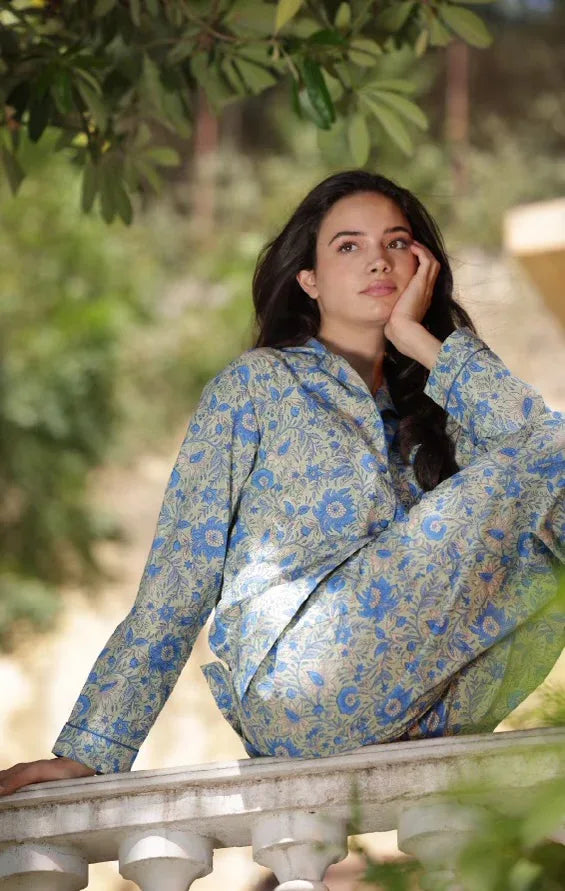 Luxury sage green pyjamas styled - Mooch Cotswolds sleepwear