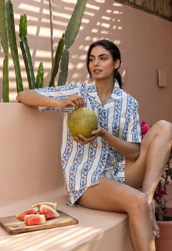 Model holding a watermelon wearing Cobalt Ribbon Cotton Pyjamas