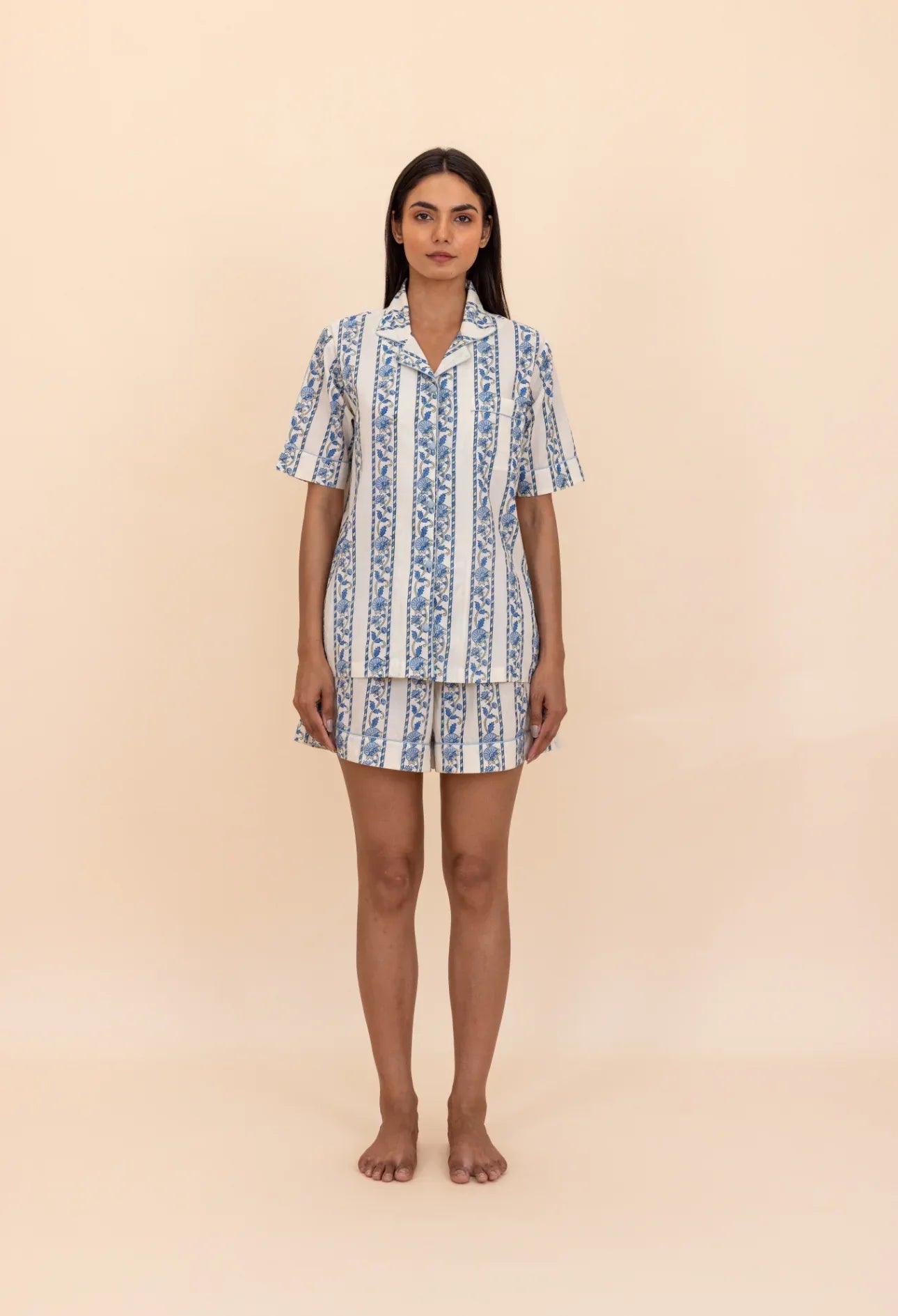 Front of model wearing Cobalt Ribbon Cotton Pyjamas