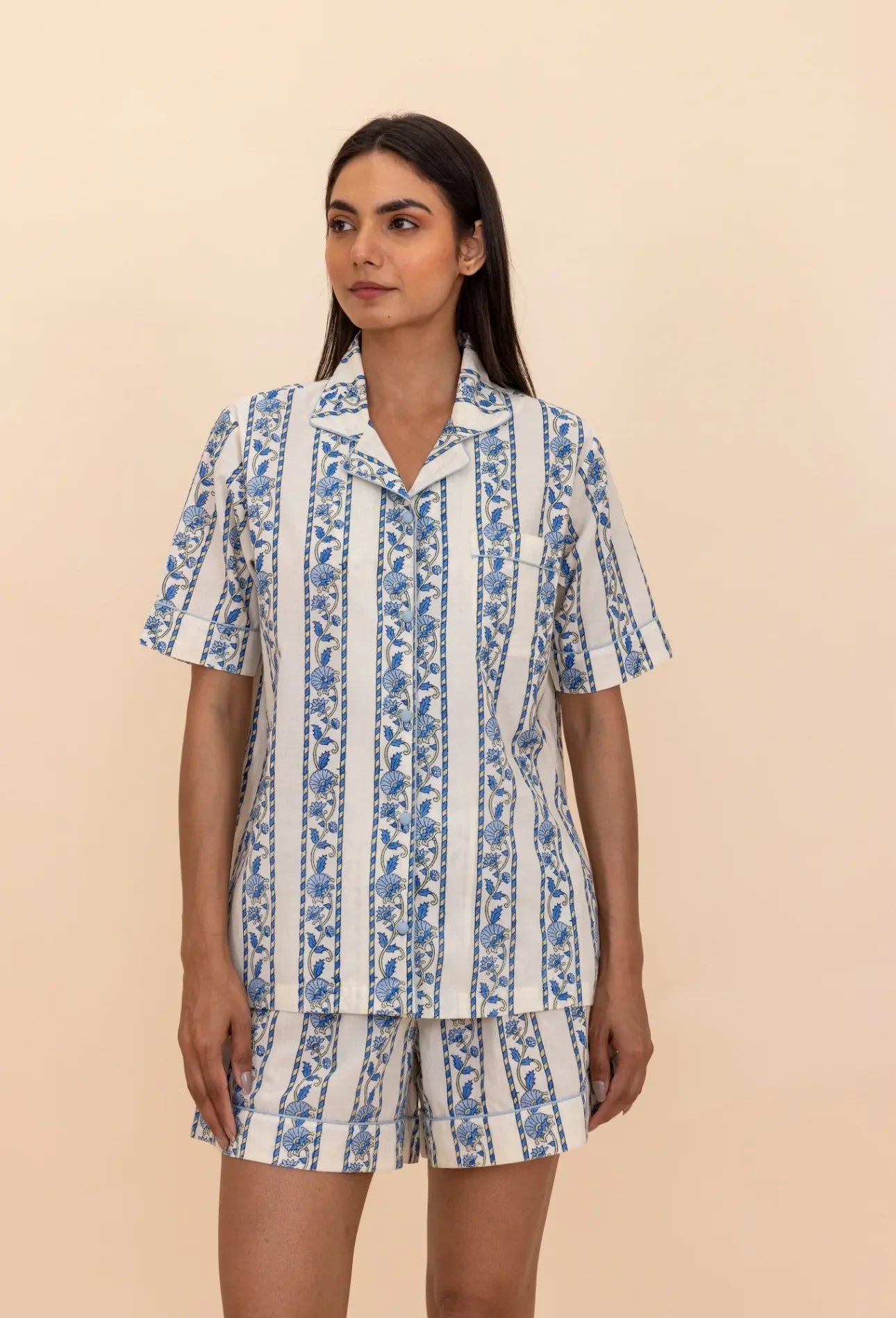 Model wearing Cobalt Ribbon Cotton Pyjamas