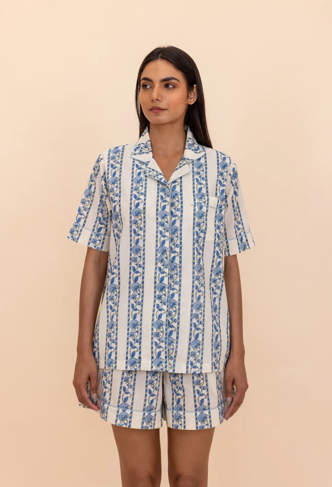 Model wearing Cobalt Ribbon Cotton Pyjamas