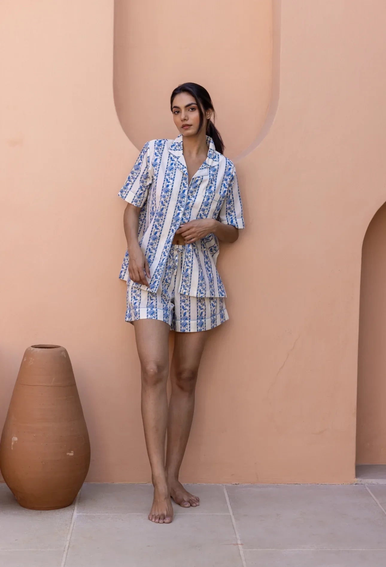 Model stood wearing Cobalt Ribbon Cotton Pyjamas