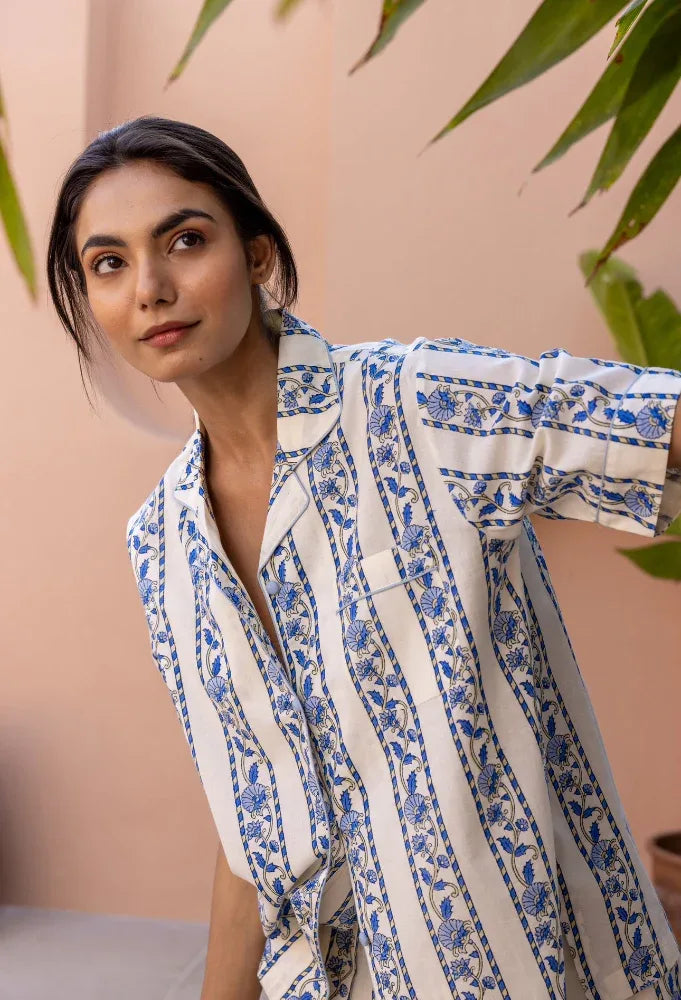Model looking away wearing Cobalt Ribbon Cotton Pyjamas