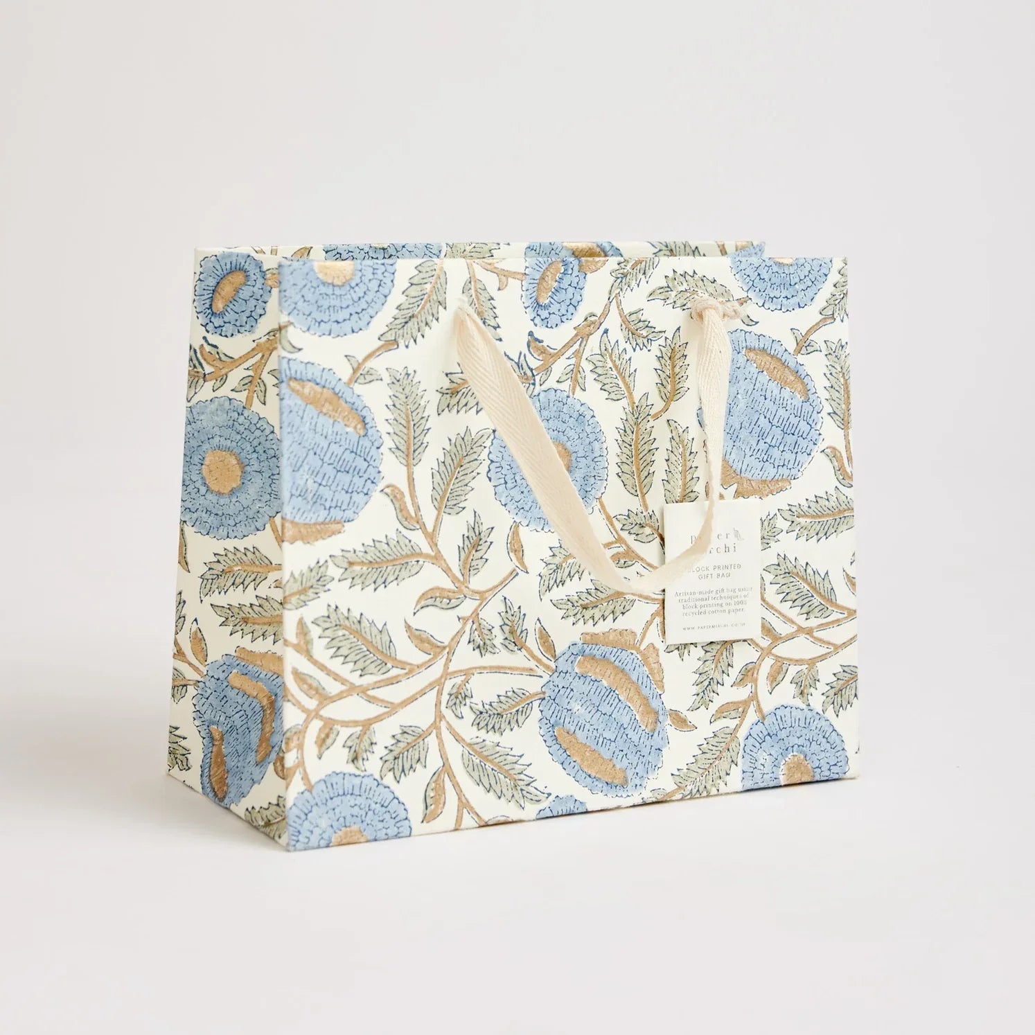 Hand Block Printed Paper Gift Bag Blue Medium