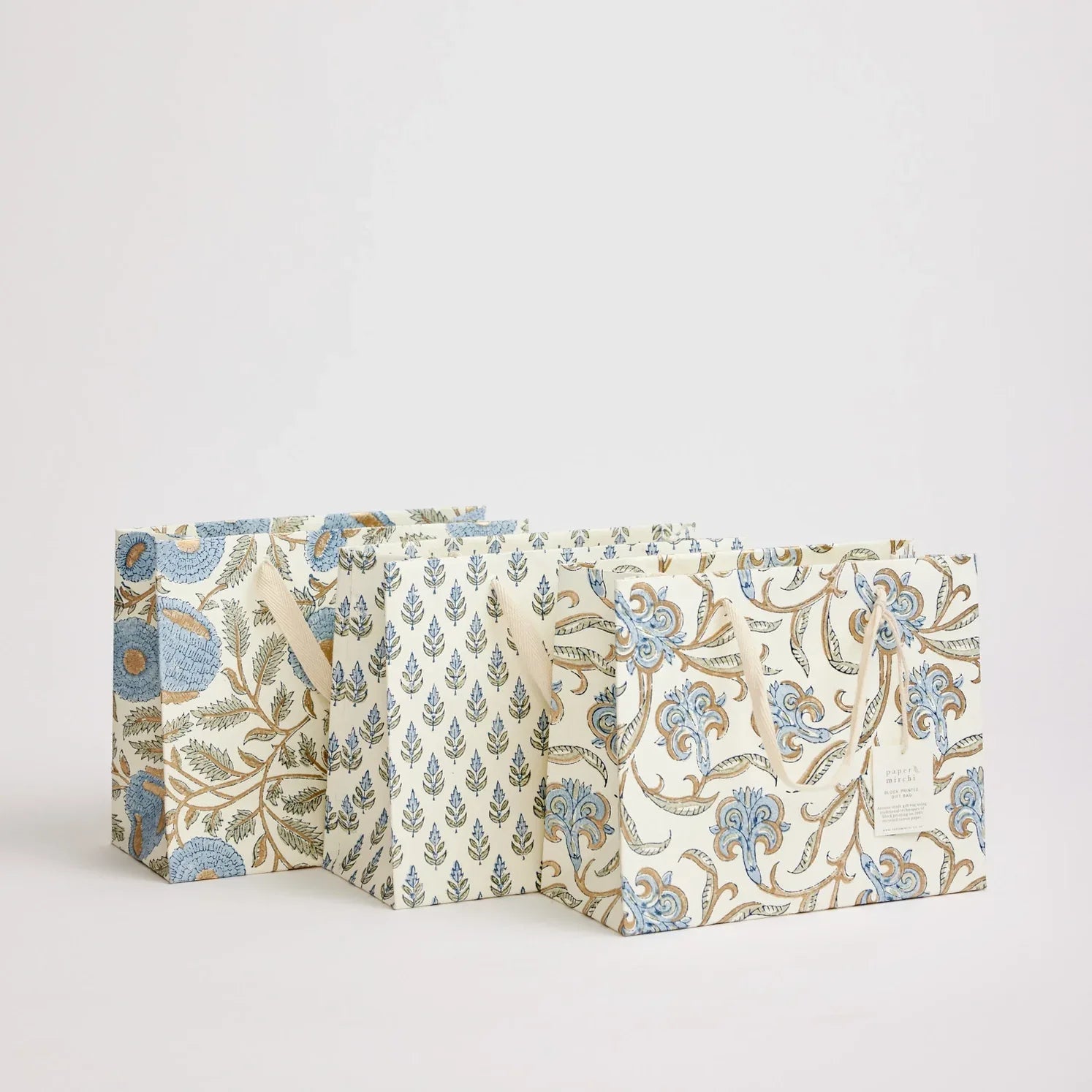 Hand Block Printed Paper Gift Bag Blue Medium