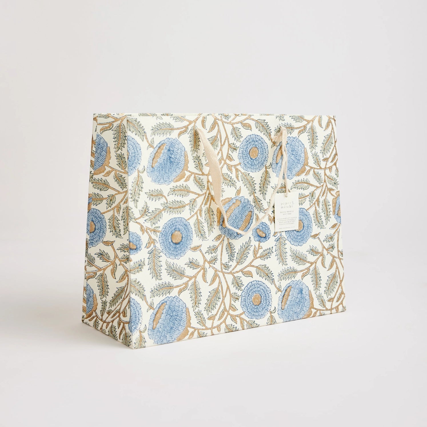 Hand Block Printed Paper Gift Bag Blue Large