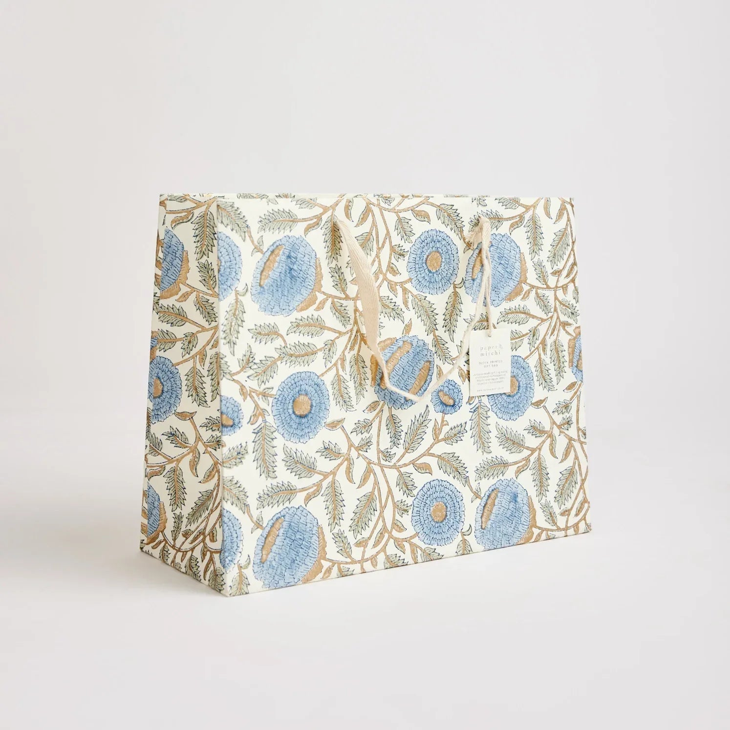 Hand Block Printed Paper Gift Bag Blue Large