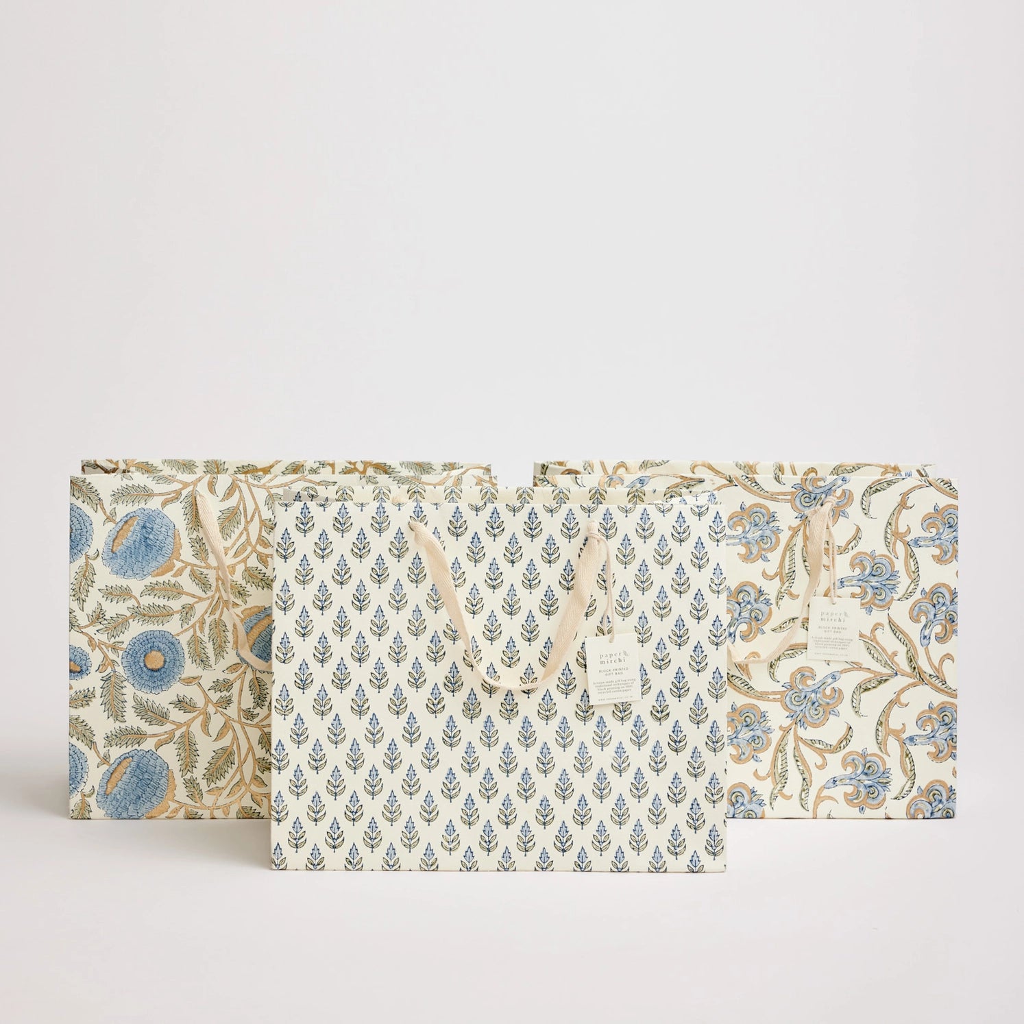 Hand Block Printed Paper Gift Bag Blue Large