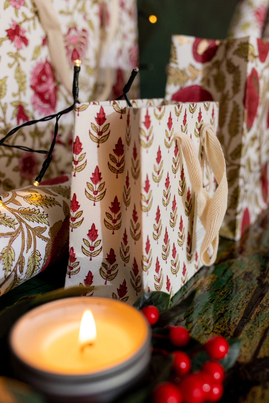 Hand Block Printed Paper Gift Bag Scarlet Small
