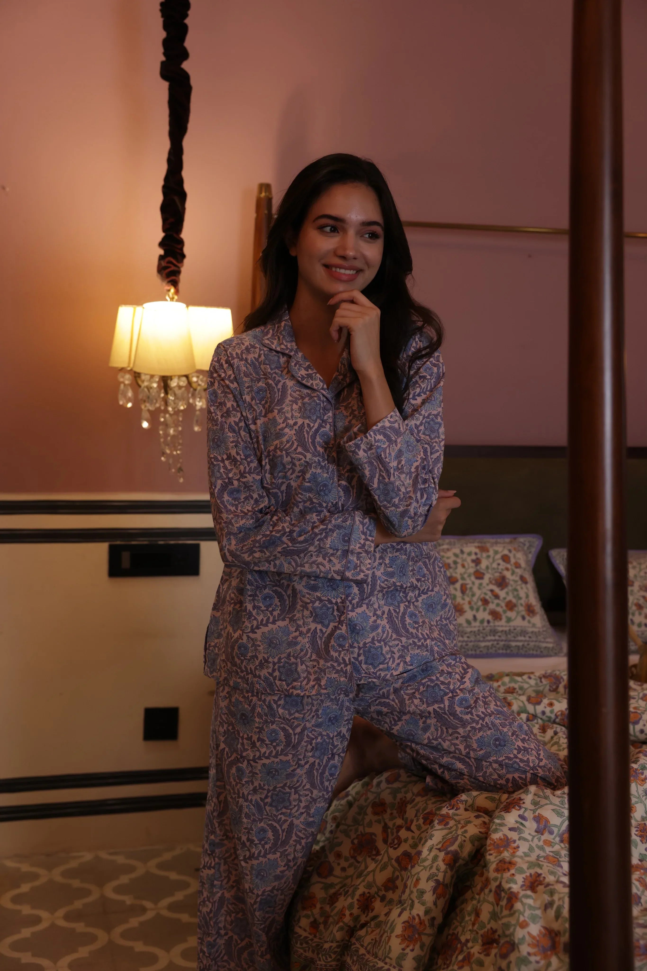 Luxury snowshill lavender print pyjamas styled - Mooch Cotswolds sleepwear