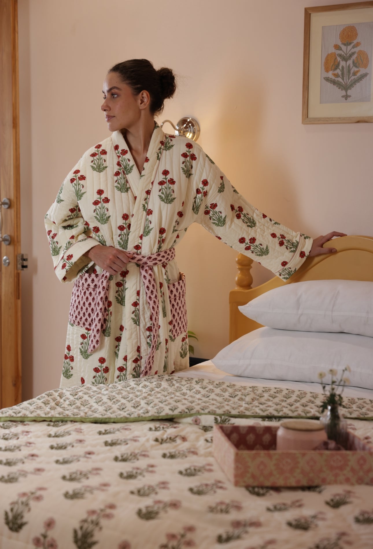 Quilted Luxury Cotton Dressing Gown Robe Condicote Poppy