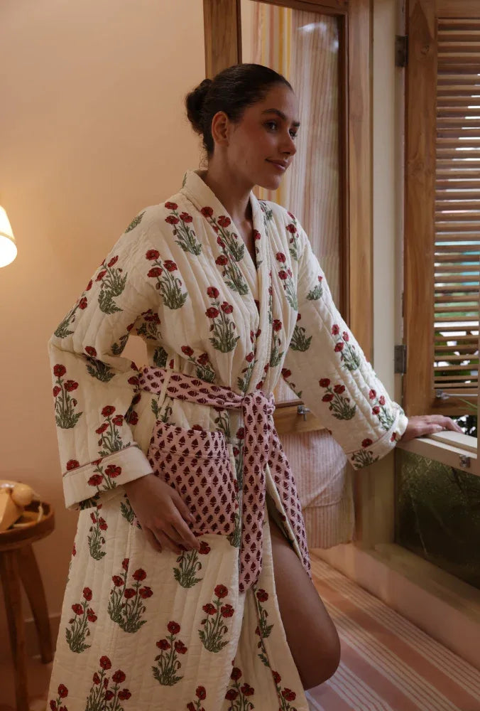 Quilted Luxury Cotton Dressing Gown / Robe - Condicote Poppy