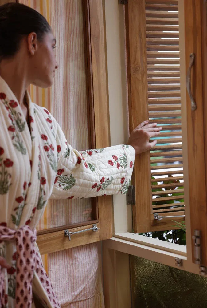 Quilted Luxury Cotton Dressing Gown / Robe - Condicote Poppy