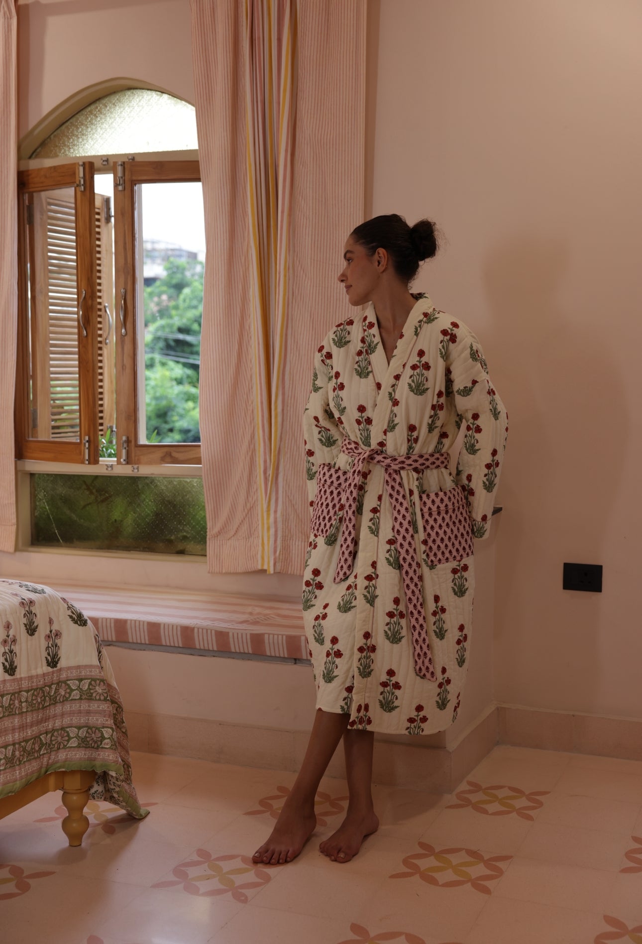 Quilted Luxury Cotton Dressing Gown / Robe - Condicote Poppy