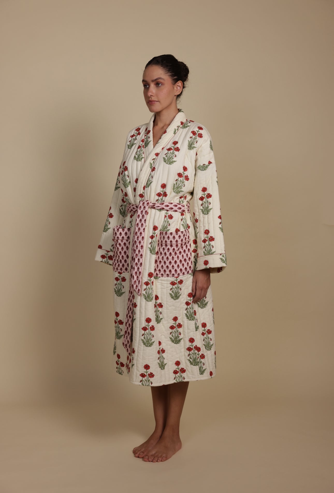 Quilted Luxury Cotton Dressing Gown / Robe - Condicote Poppy