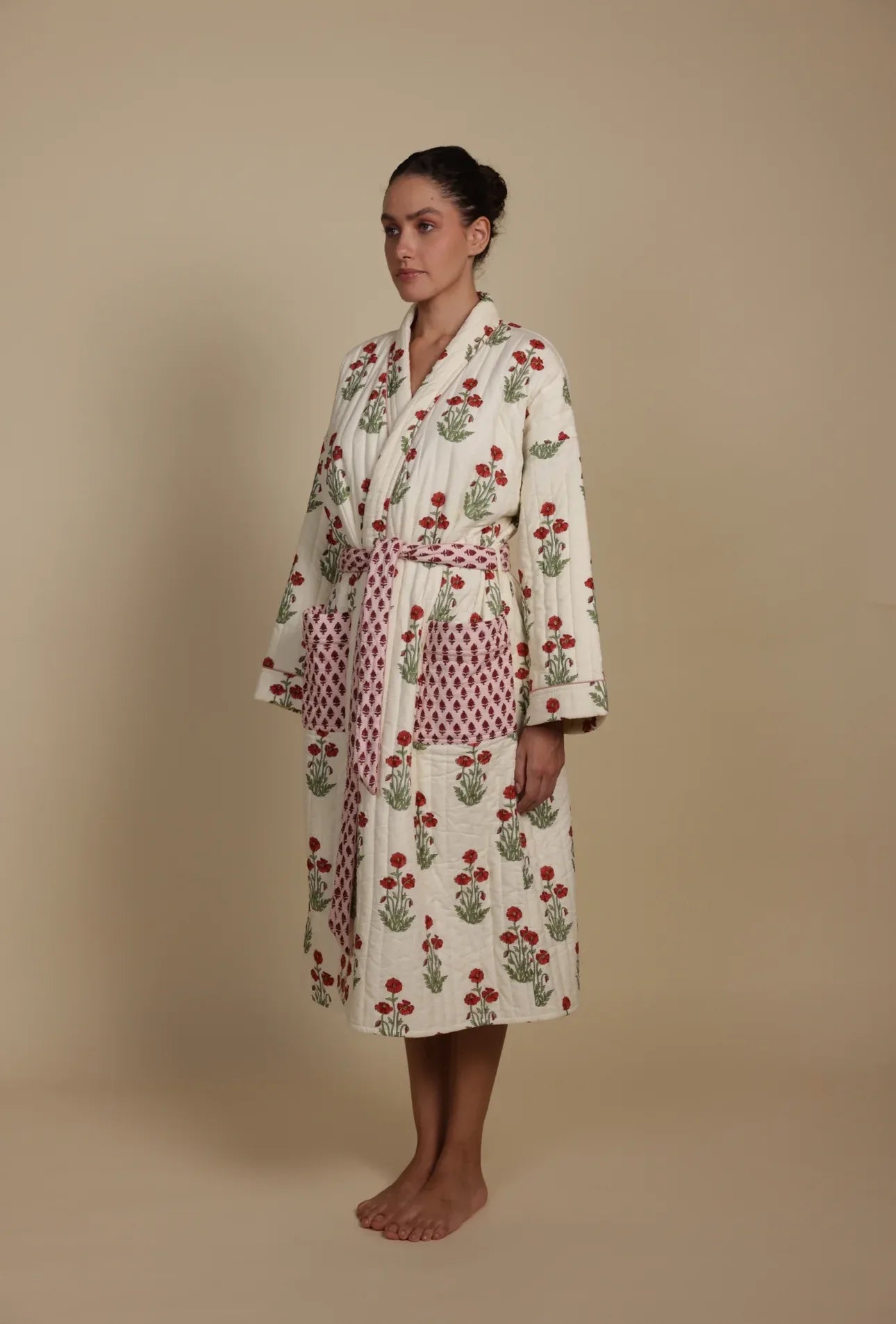 Quilted Luxury Cotton Dressing Gown / Robe - Condicote Poppy