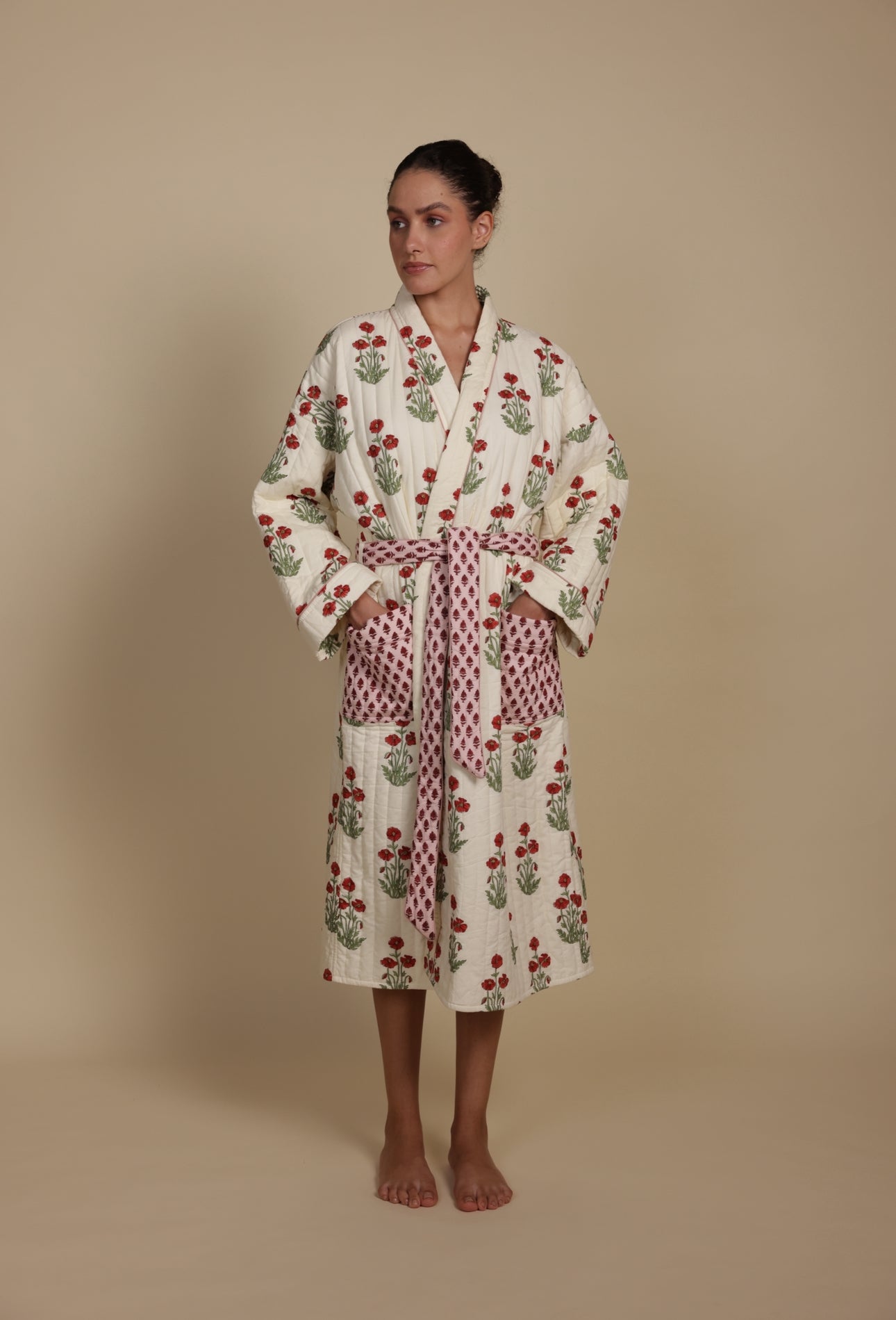 Quilted Luxury Cotton Dressing Gown / Robe - Condicote Poppy