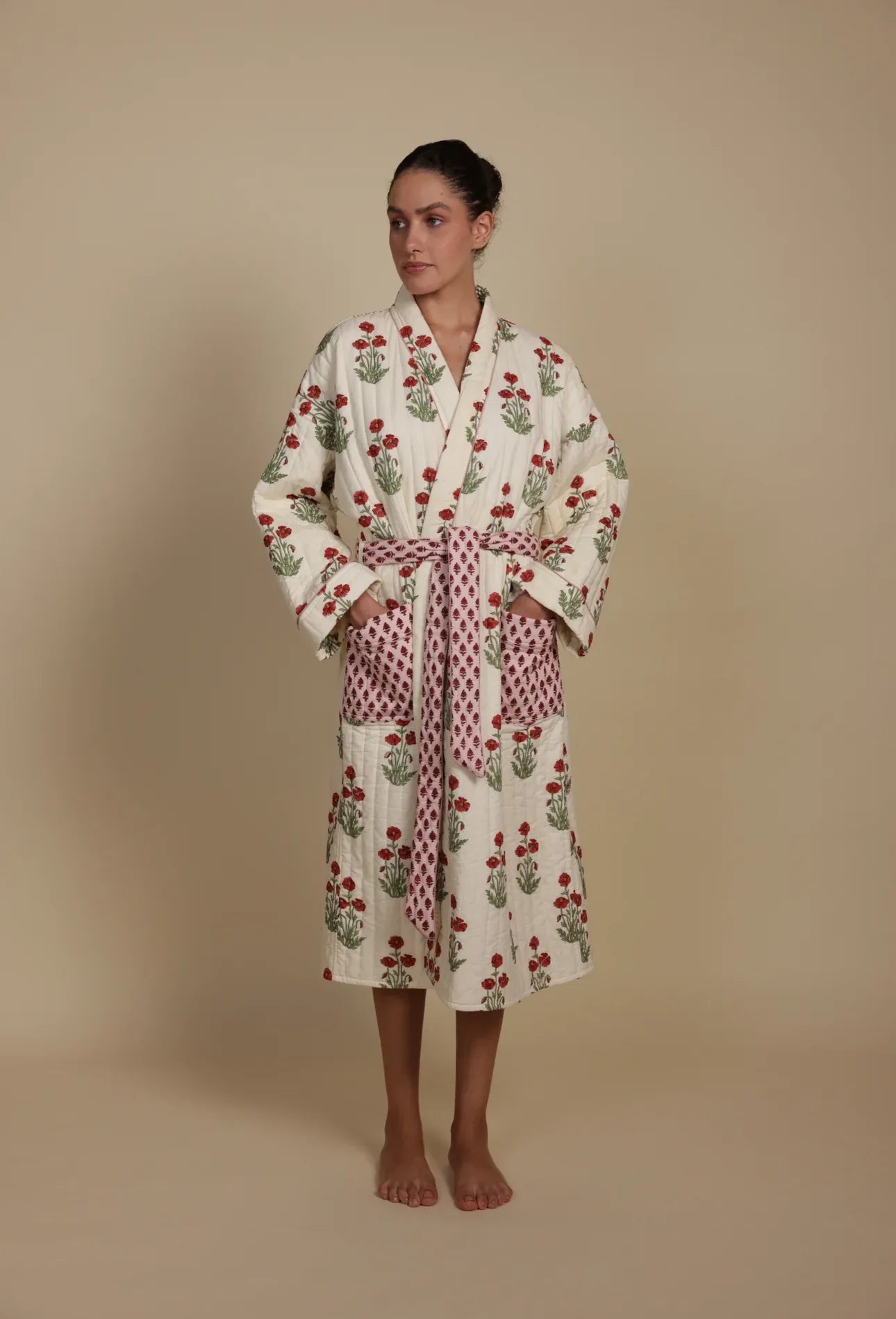 Quilted Luxury Cotton Dressing Gown / Robe - Condicote Poppy