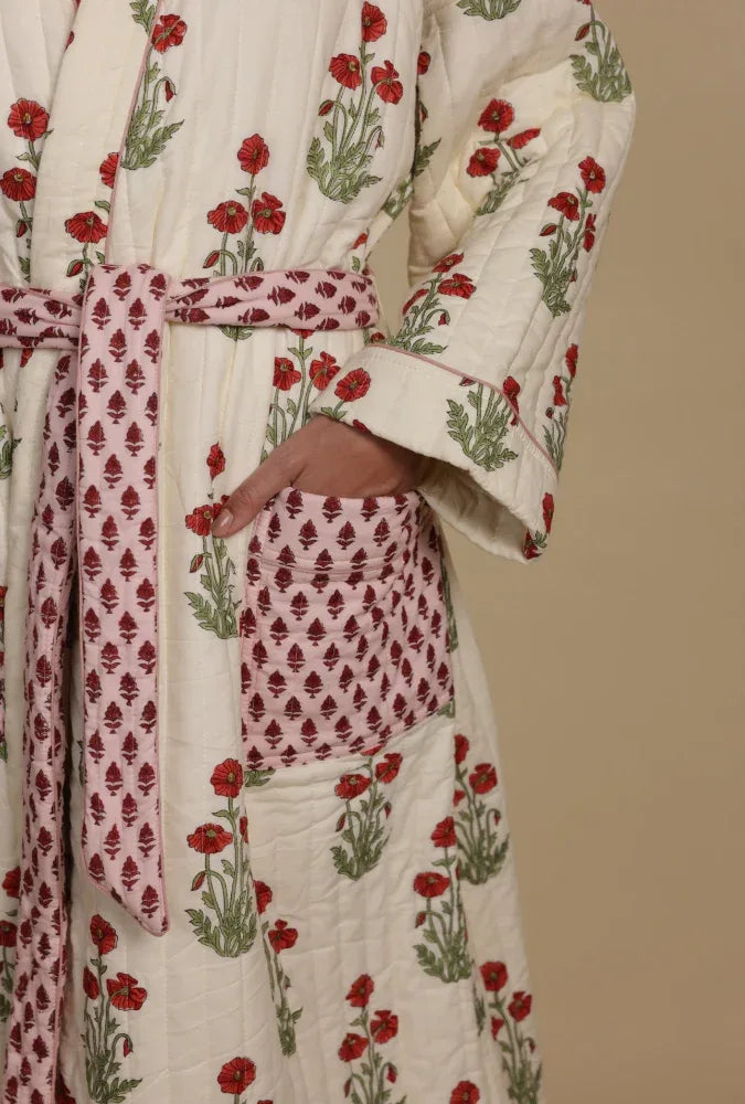 Quilted Luxury Cotton Dressing Gown / Robe - Condicote Poppy