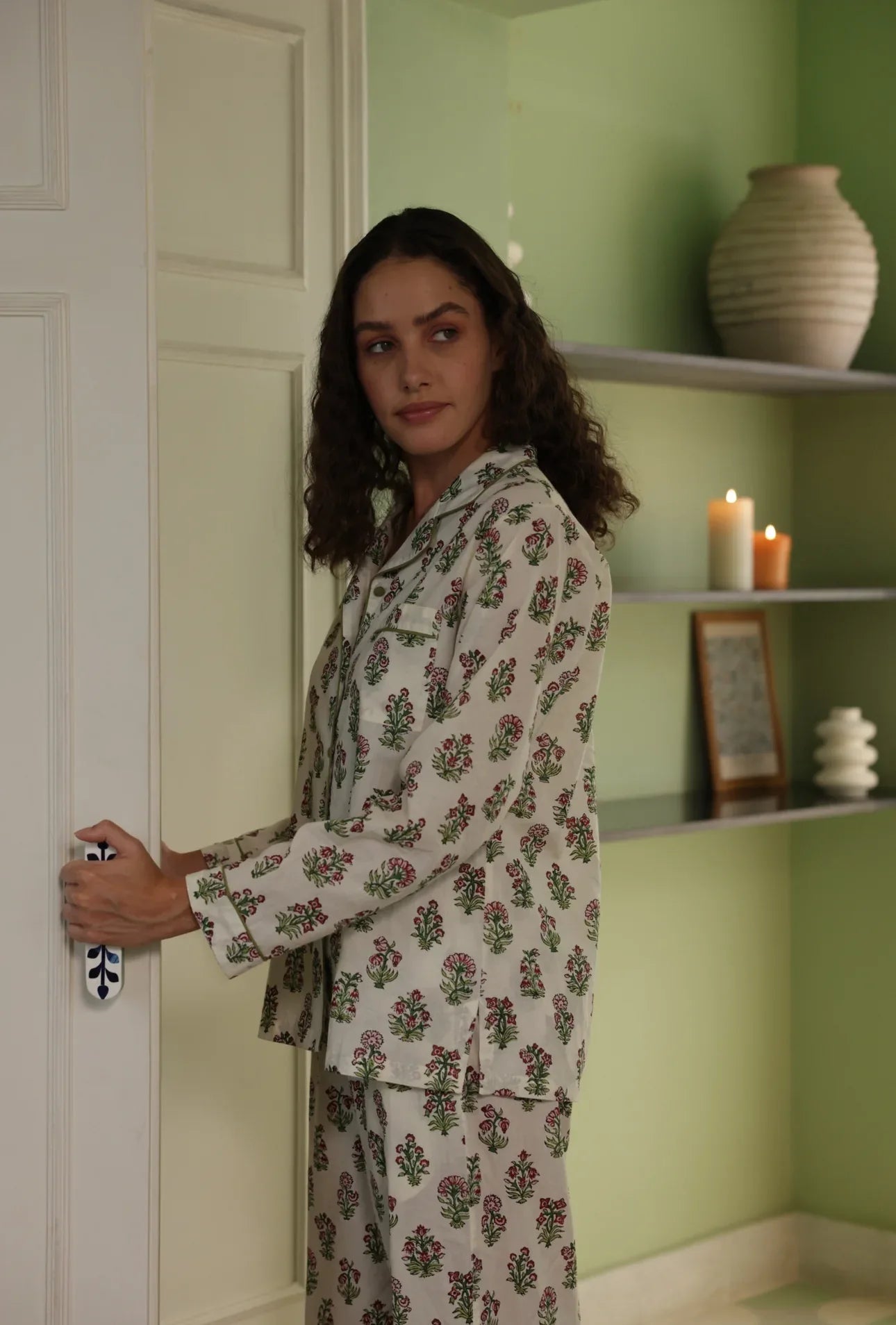 Block printed cotton pyjamas detail - Floral Whisper pattern