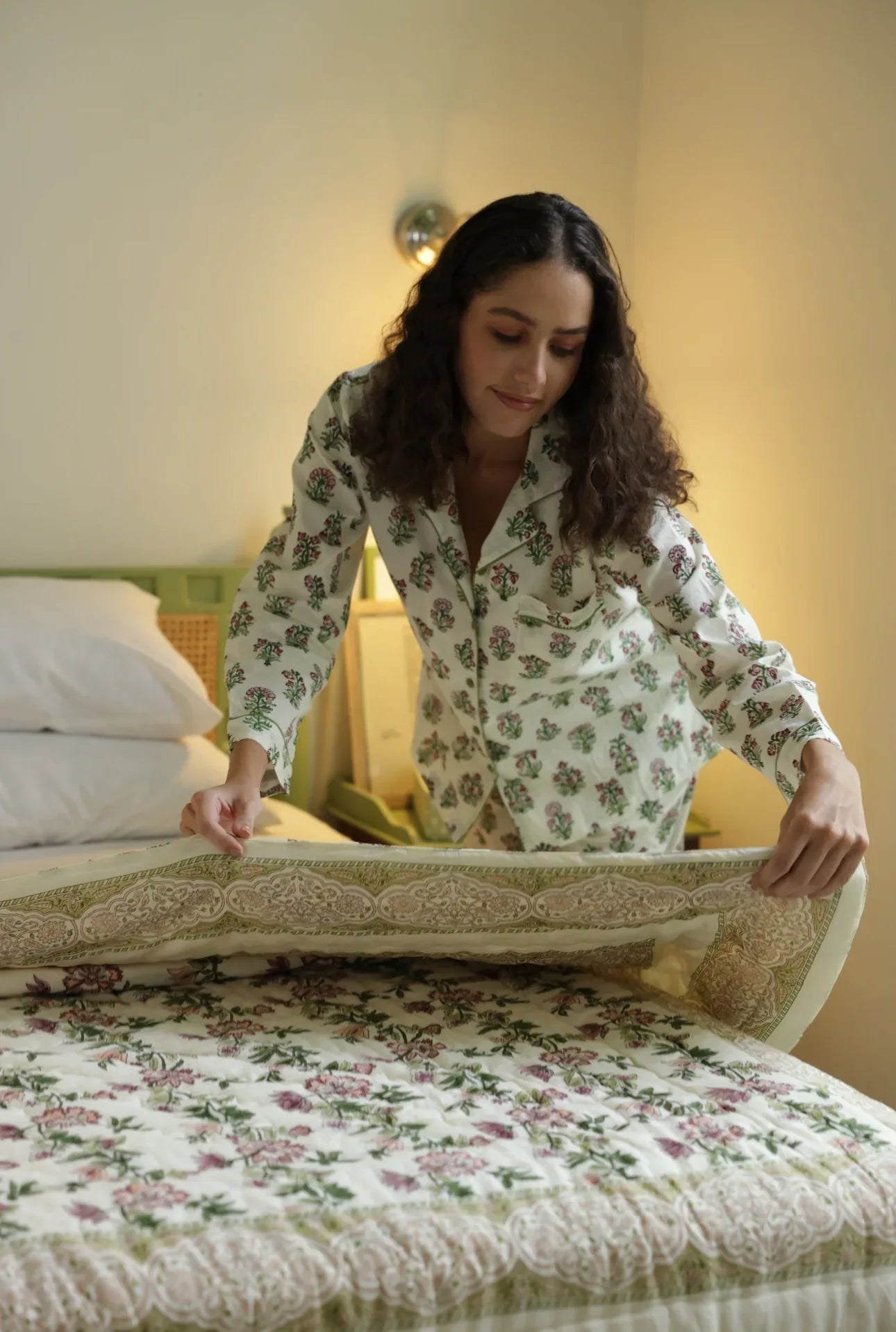 Luxury floral whisper print pyjamas styled - Mooch Cotswolds sleepwear