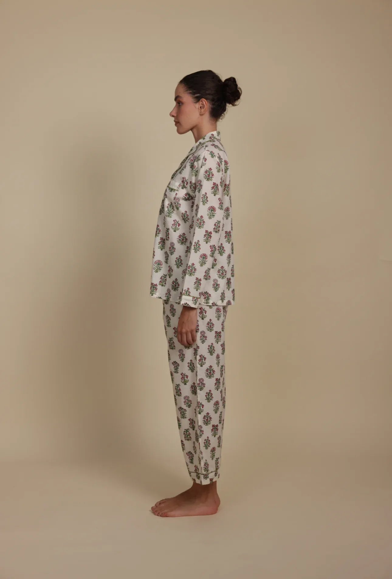 Floral Whisper pyjamas side view - luxury cotton nightwear by Mooch Cotswolds
