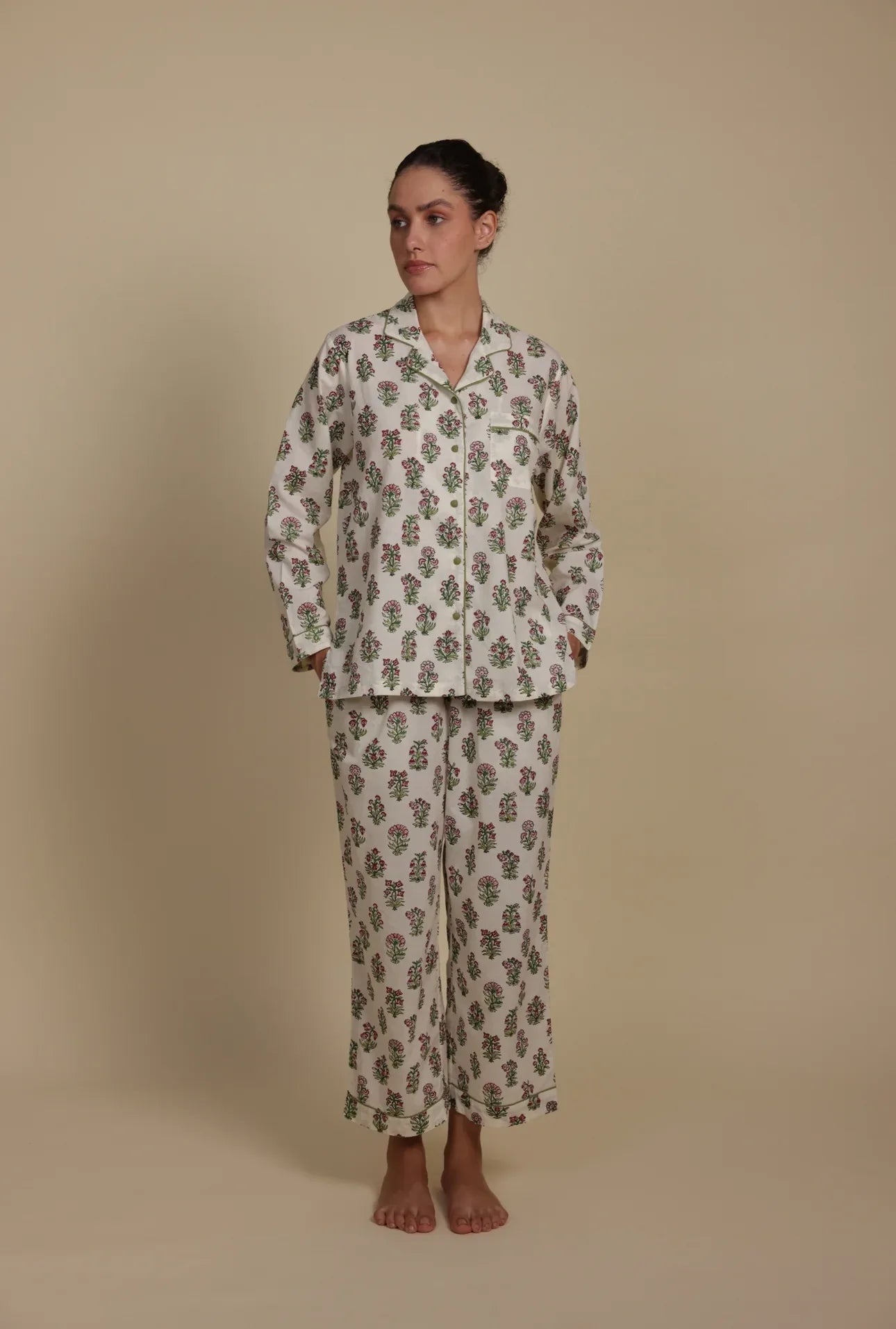 Floral whisper print pyjamas model shot - luxury cotton sleepwear by Mooch Cotswolds