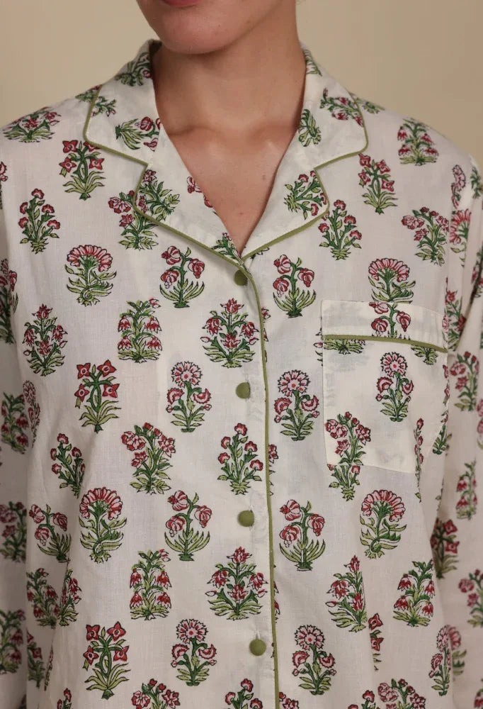 Hand-printed floral whisper cotton pyjamas - close up of floral print detail