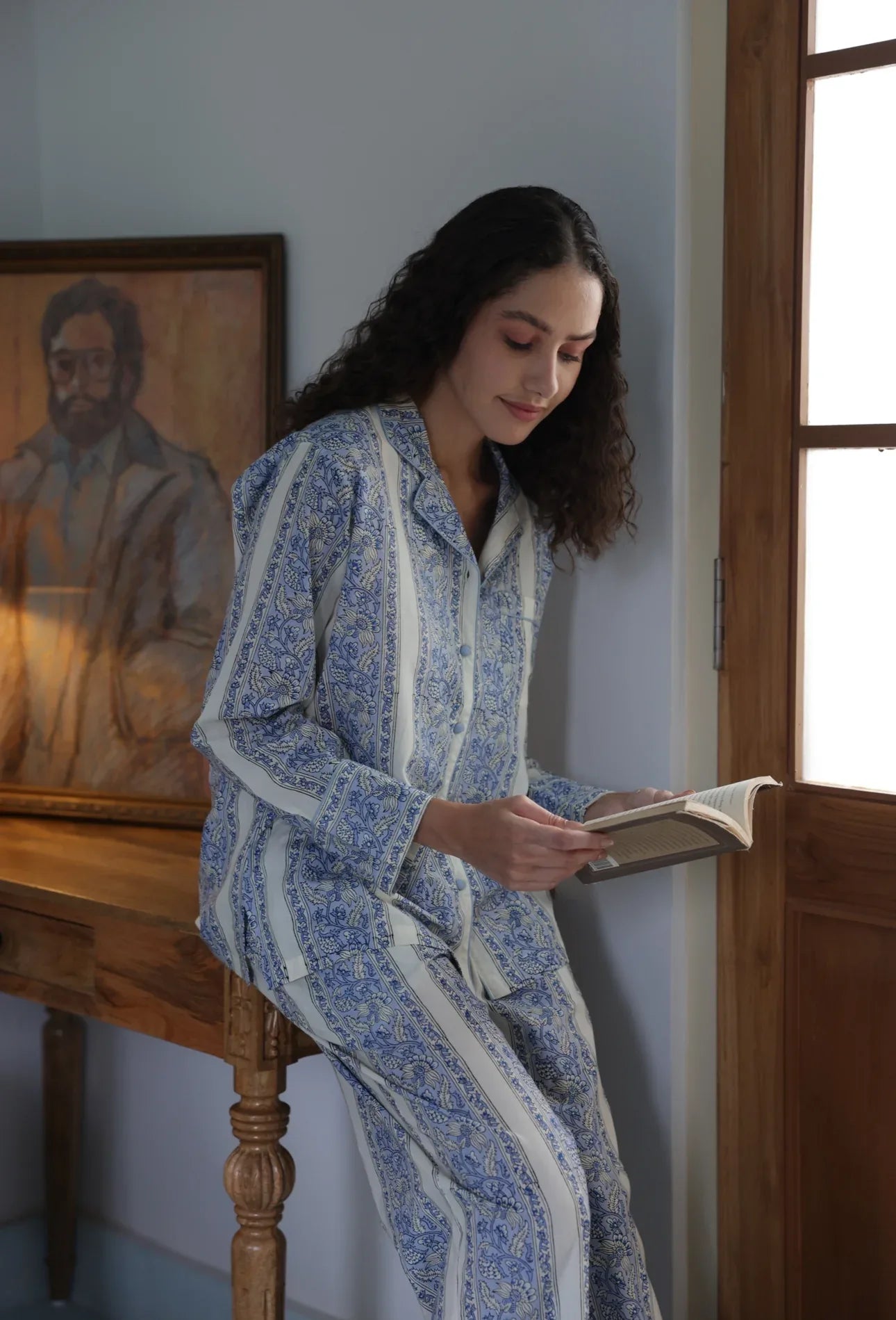 Cornflower Meadow pyjamas side view - luxury cotton nightwear by Mooch Cotswolds