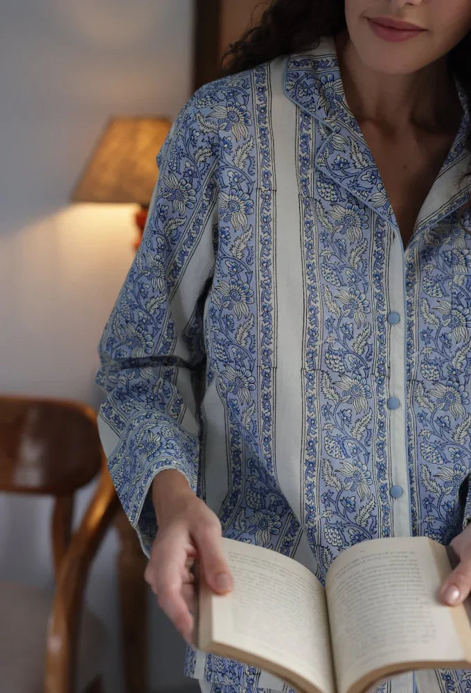 Hand-printed cornflower meadow cotton pyjamas - close up of pyjama top hand printed